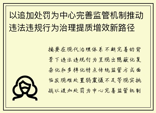 以追加处罚为中心完善监管机制推动违法违规行为治理提质增效新路径