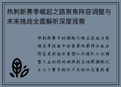热刺新赛季崛起之路聚焦阵容调整与未来挑战全面解析深度观察