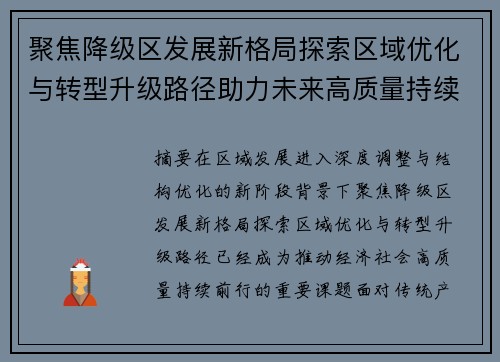 聚焦降级区发展新格局探索区域优化与转型升级路径助力未来高质量持续前行